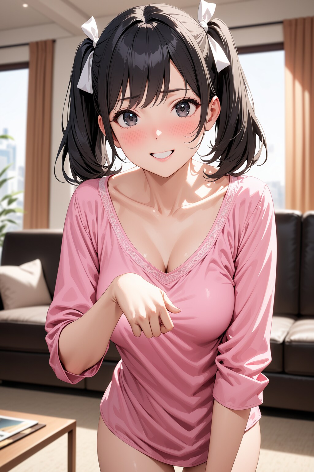 黒髪の女の子と鎖骨とピンクシャツ