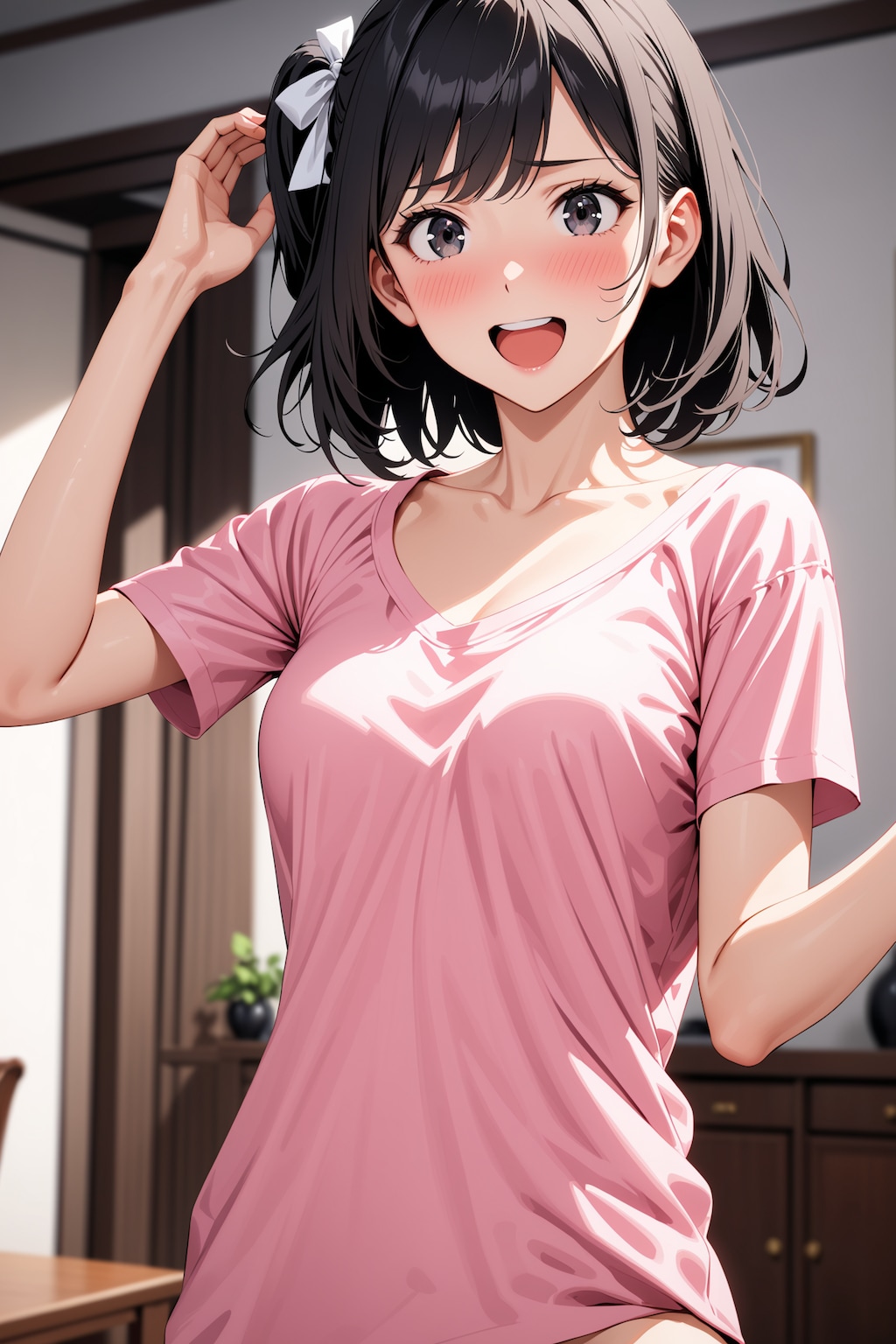 黒髪の女の子と鎖骨とピンクシャツ