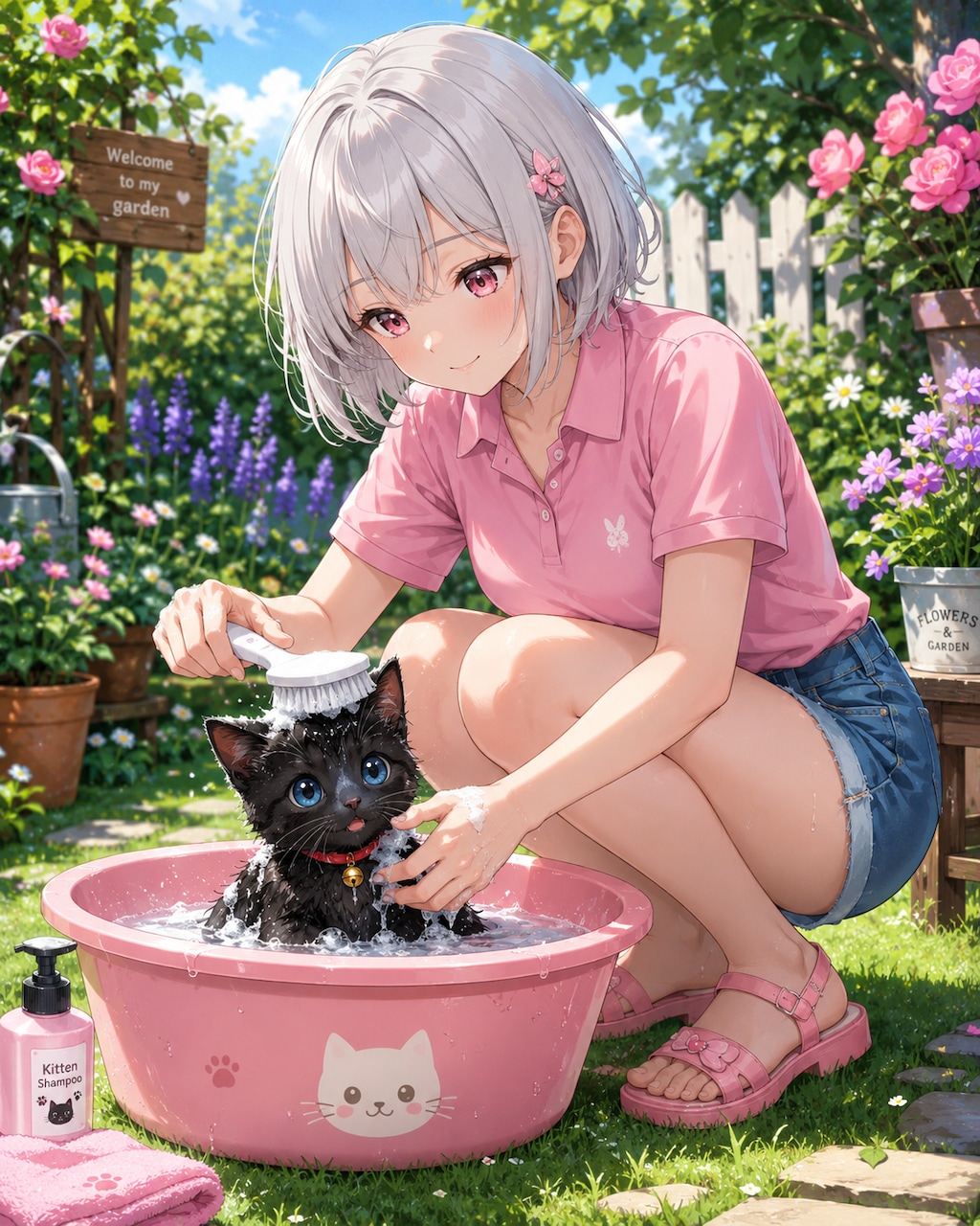 相棒の黒猫を洗う魔法少女