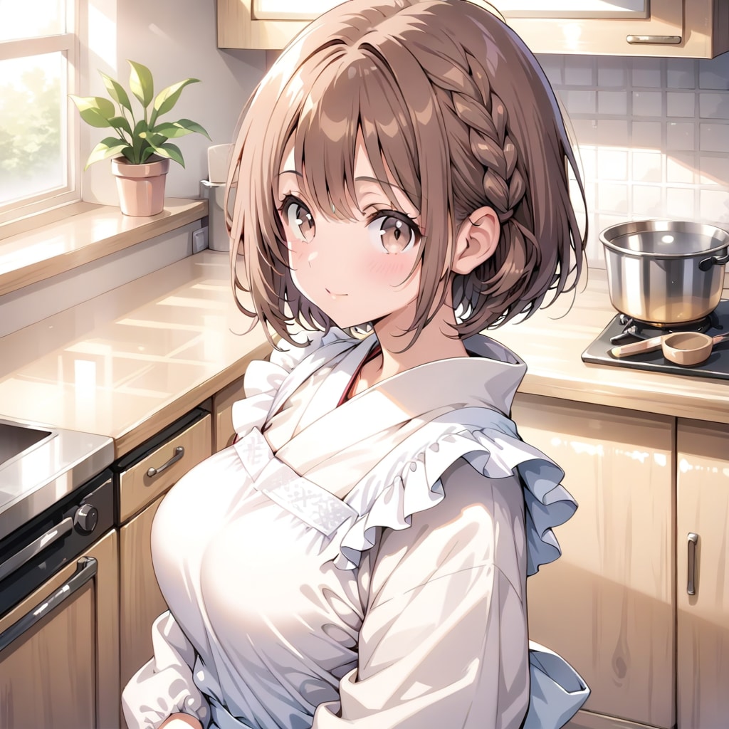 割烹着の妻　　さあ朝ごはん始めよ