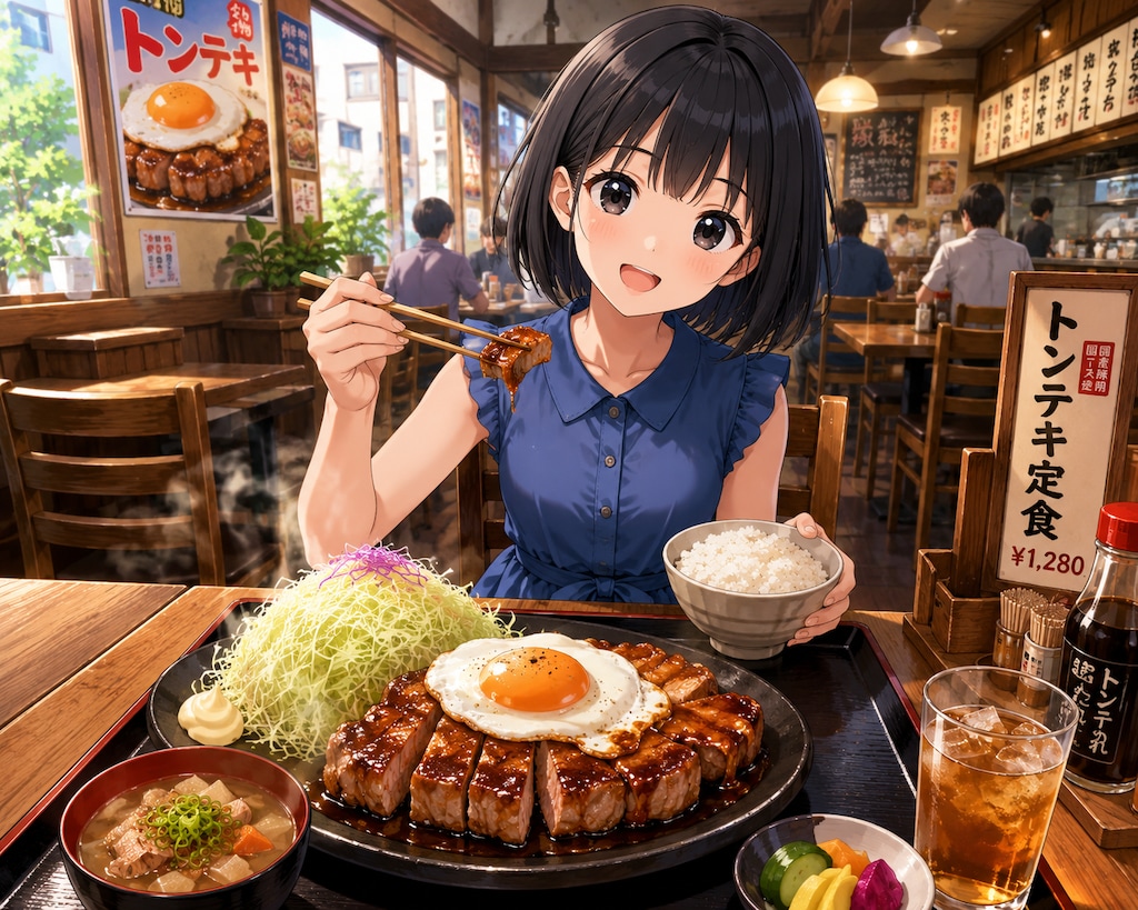 トンテキ定食を食べている女の子