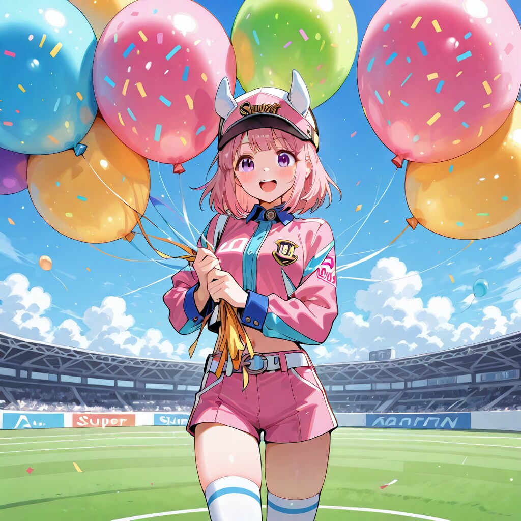 いっぱい色とりどりの風船を持つピンク髪ショートカットの美女騎手 | の人気AIイラスト・グラビア