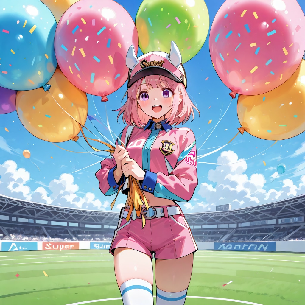 いっぱい色とりどりの風船を持つピンク髪ショートカットの美女騎手