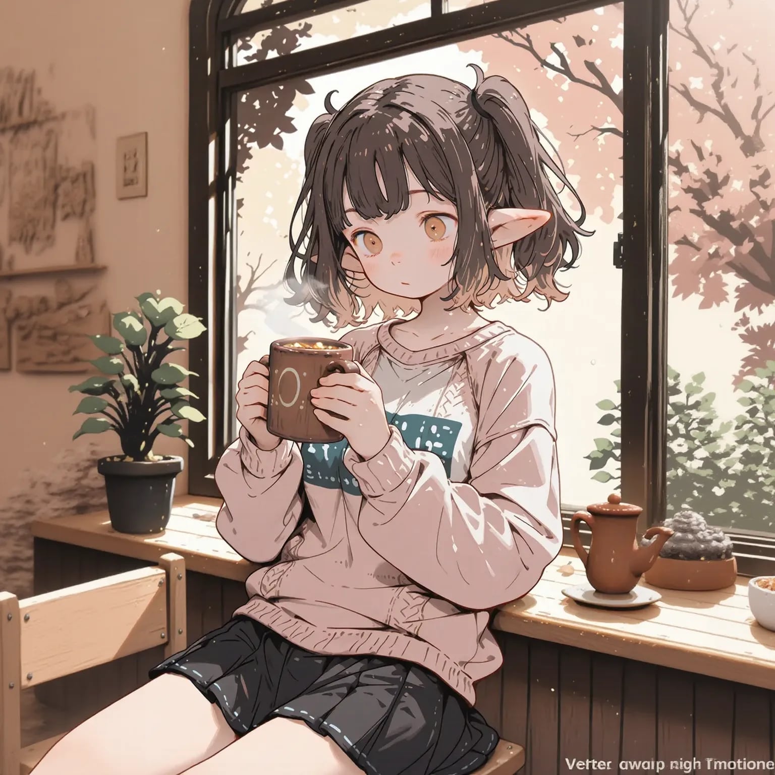 冬枯れの窓とカフェのエルフ | の人気AIイラスト・グラビア
