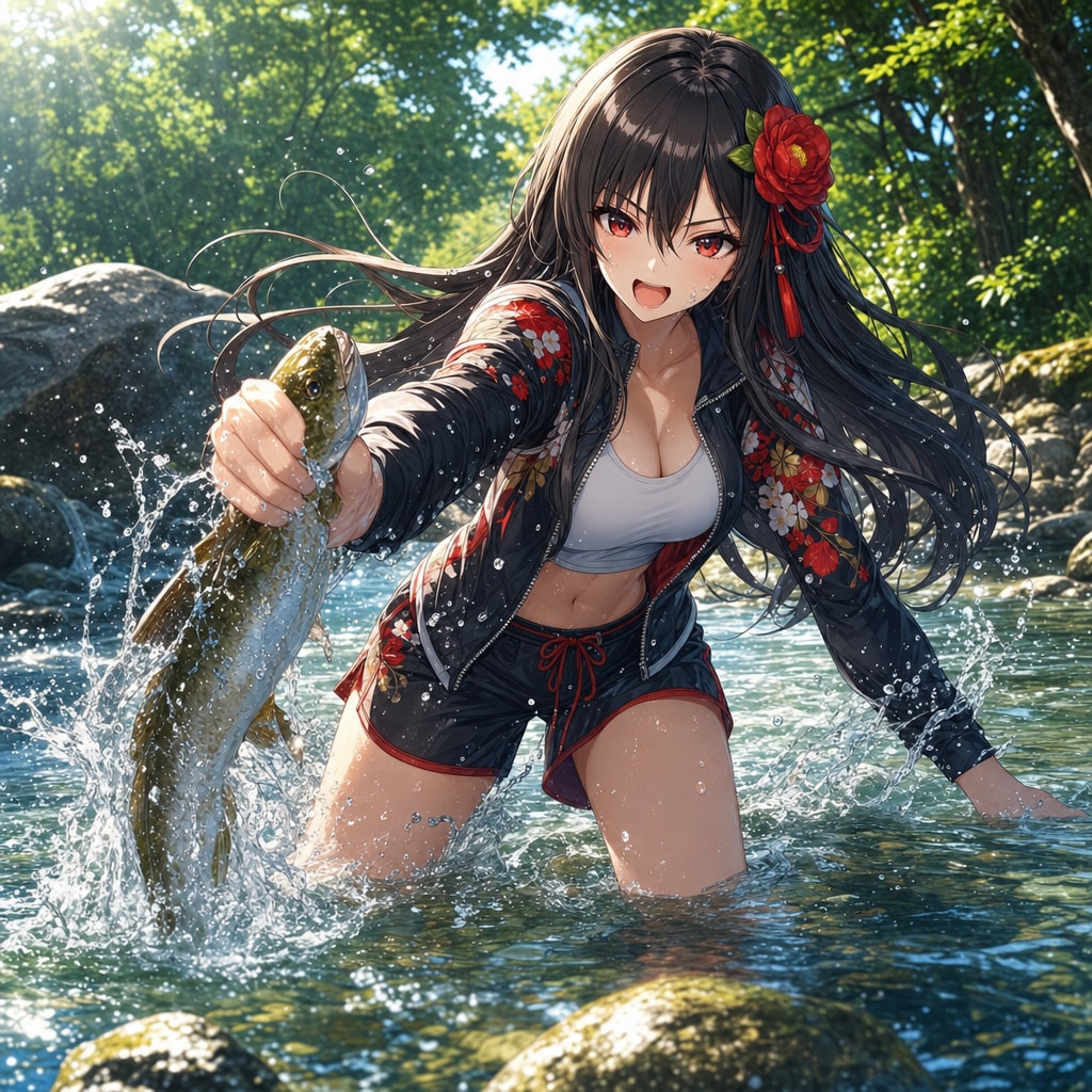 ツバキと川遊び
