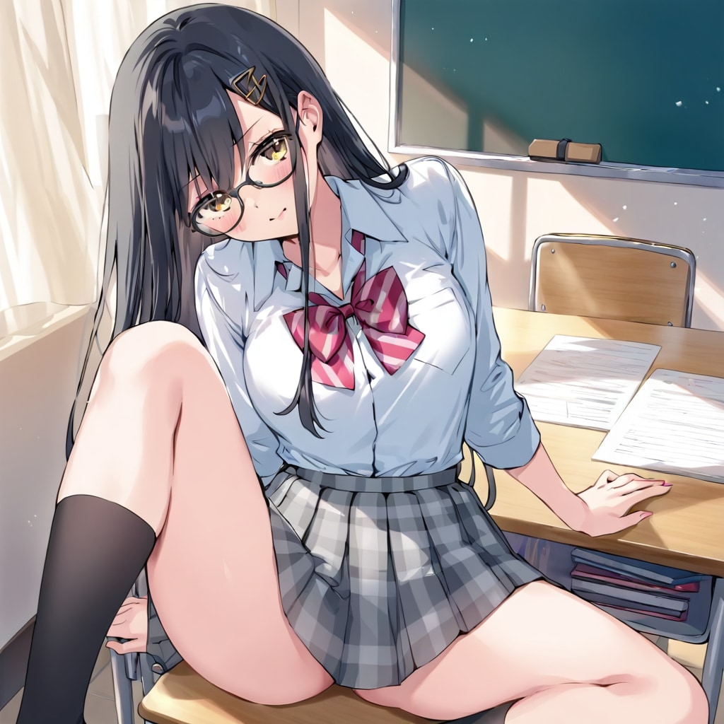 黒髪メガネ　机の上で