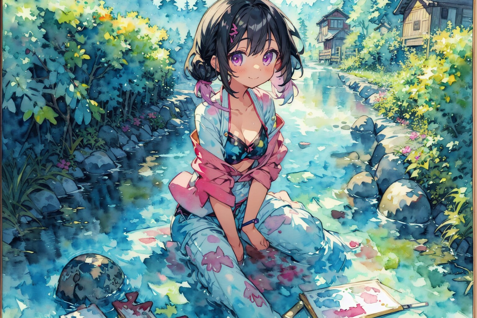 川の中で水彩画を描く少女