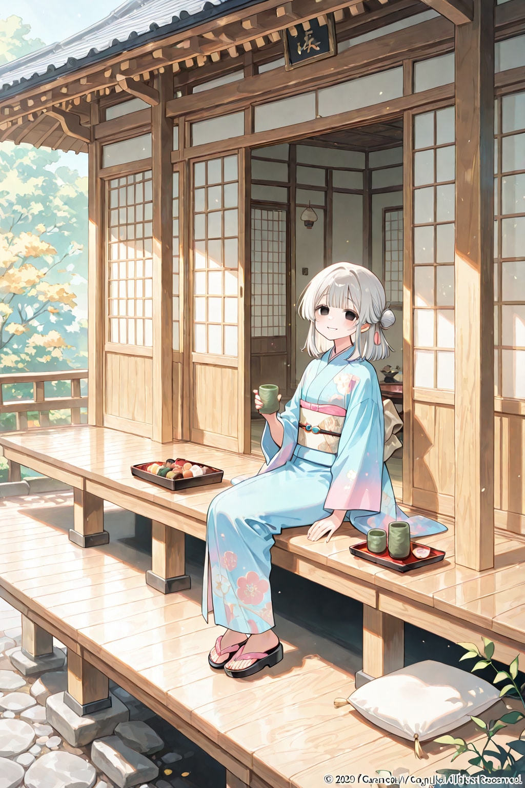 お茶で一息つく着物美人なお祖母ちゃん