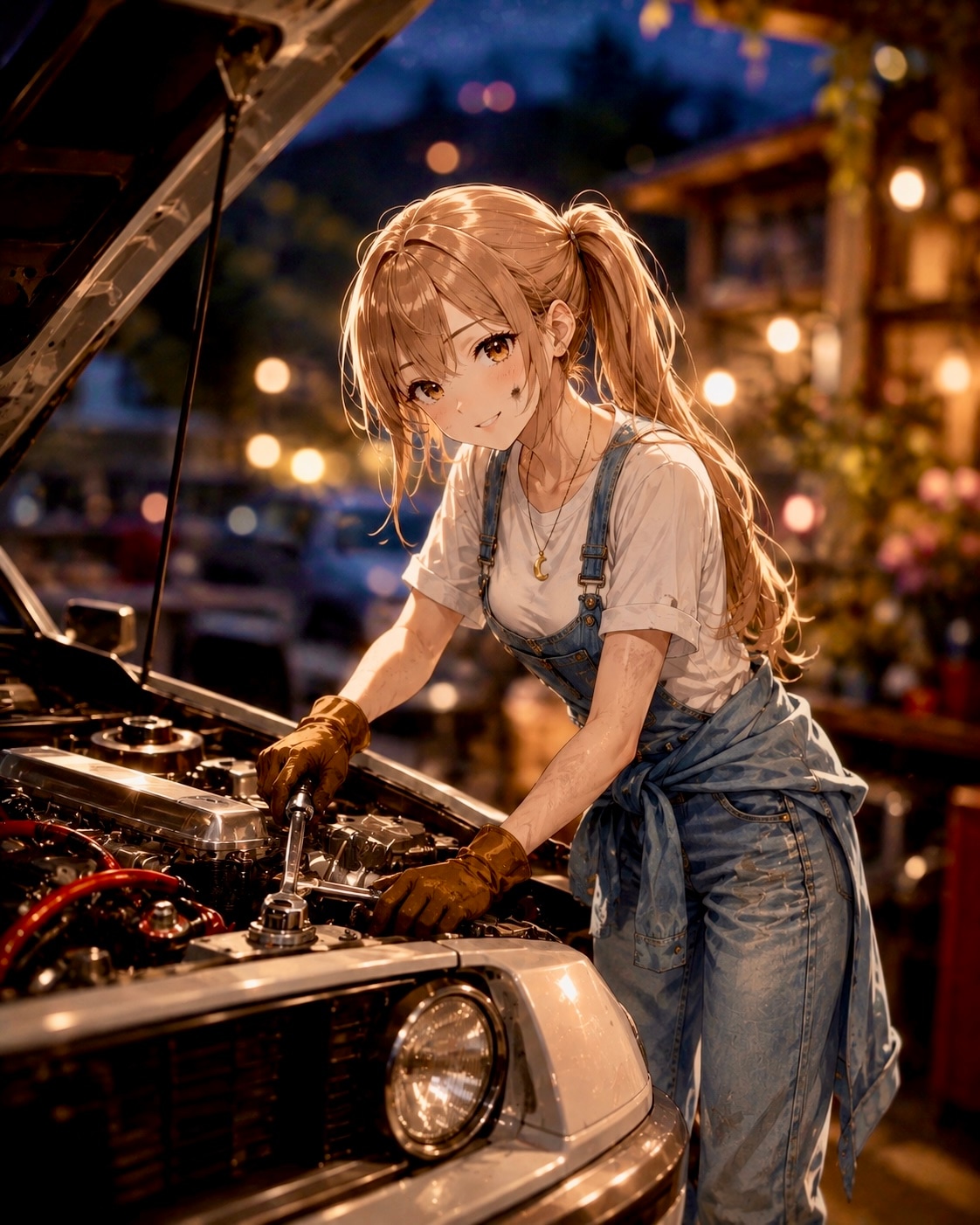 旧車を整備する夜