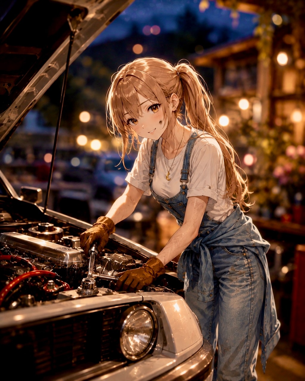 旧車を整備する夜