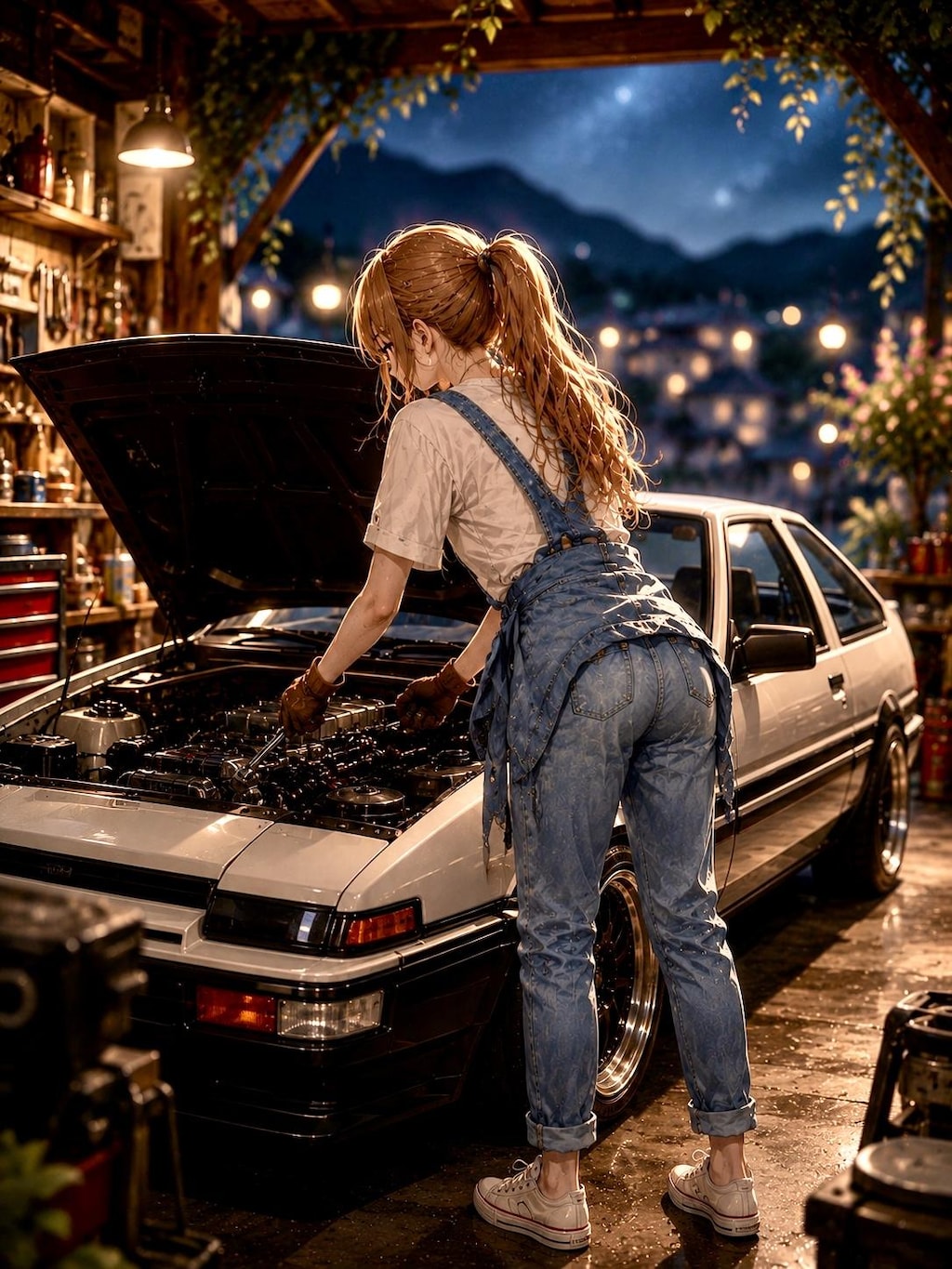 旧車を整備する夜
