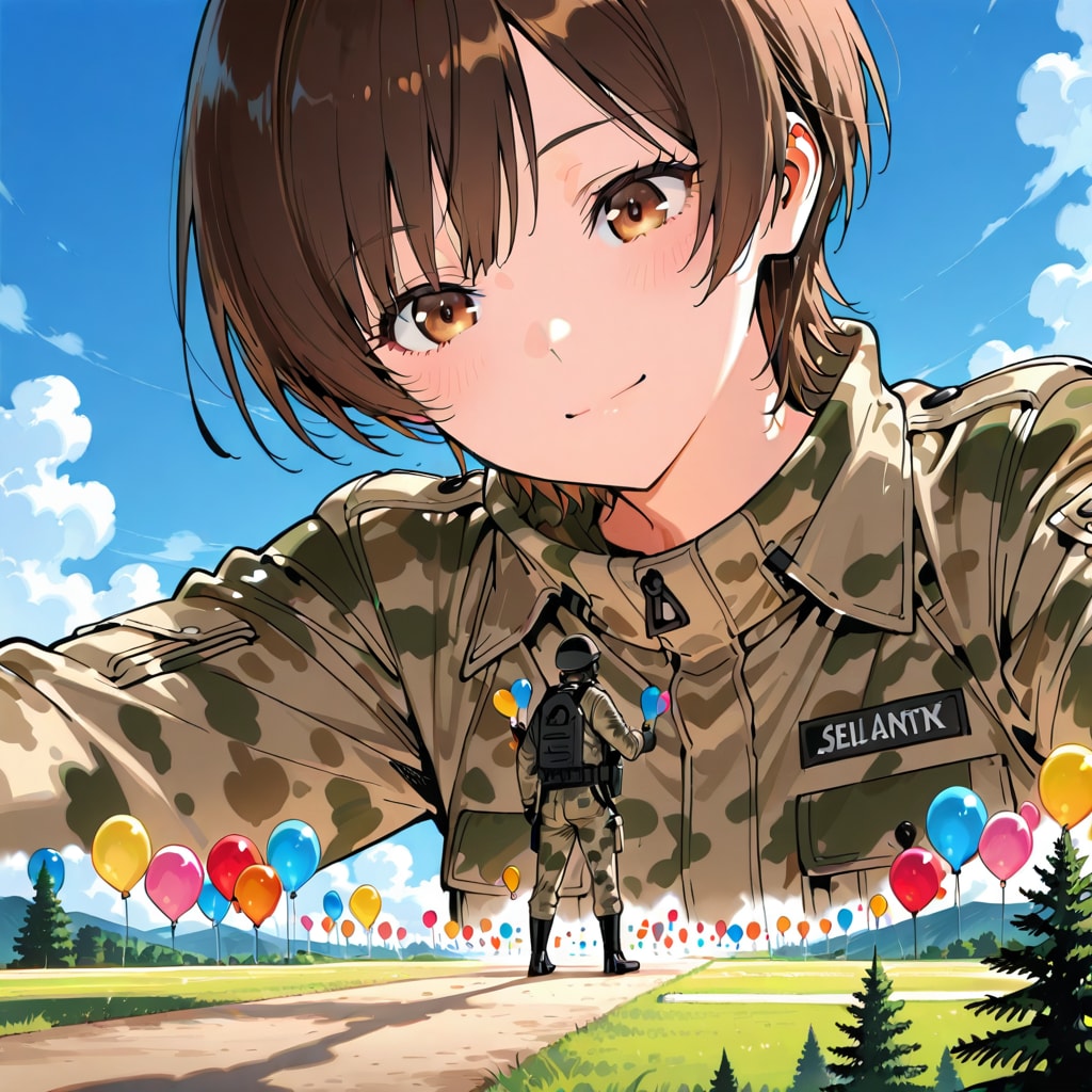 いっぱい風船を持つブラウンショートカットの迷彩服着た美女 | の人気AIイラスト・グラビア