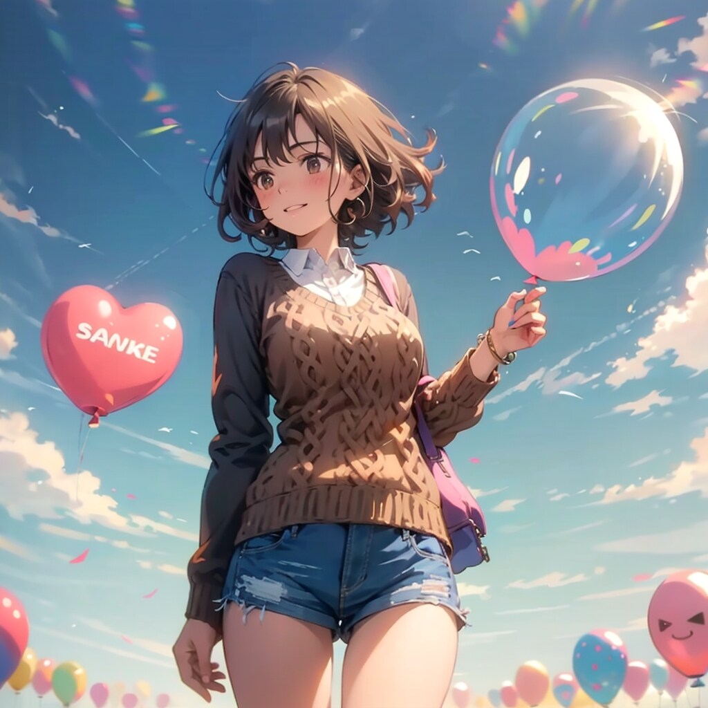 いっぱい風船を持つブラウンショートカットの毛糸のセーター着た美女。