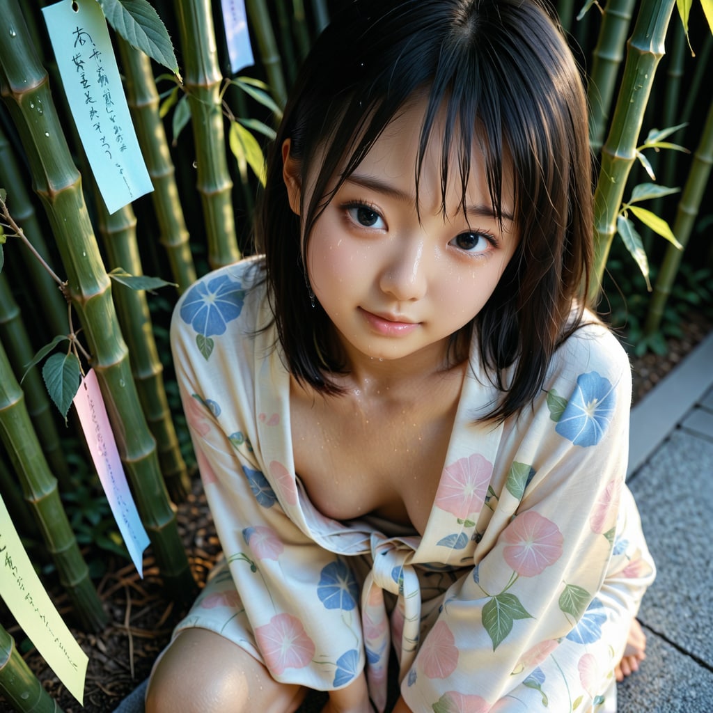 短冊に願いを込めて見上げる