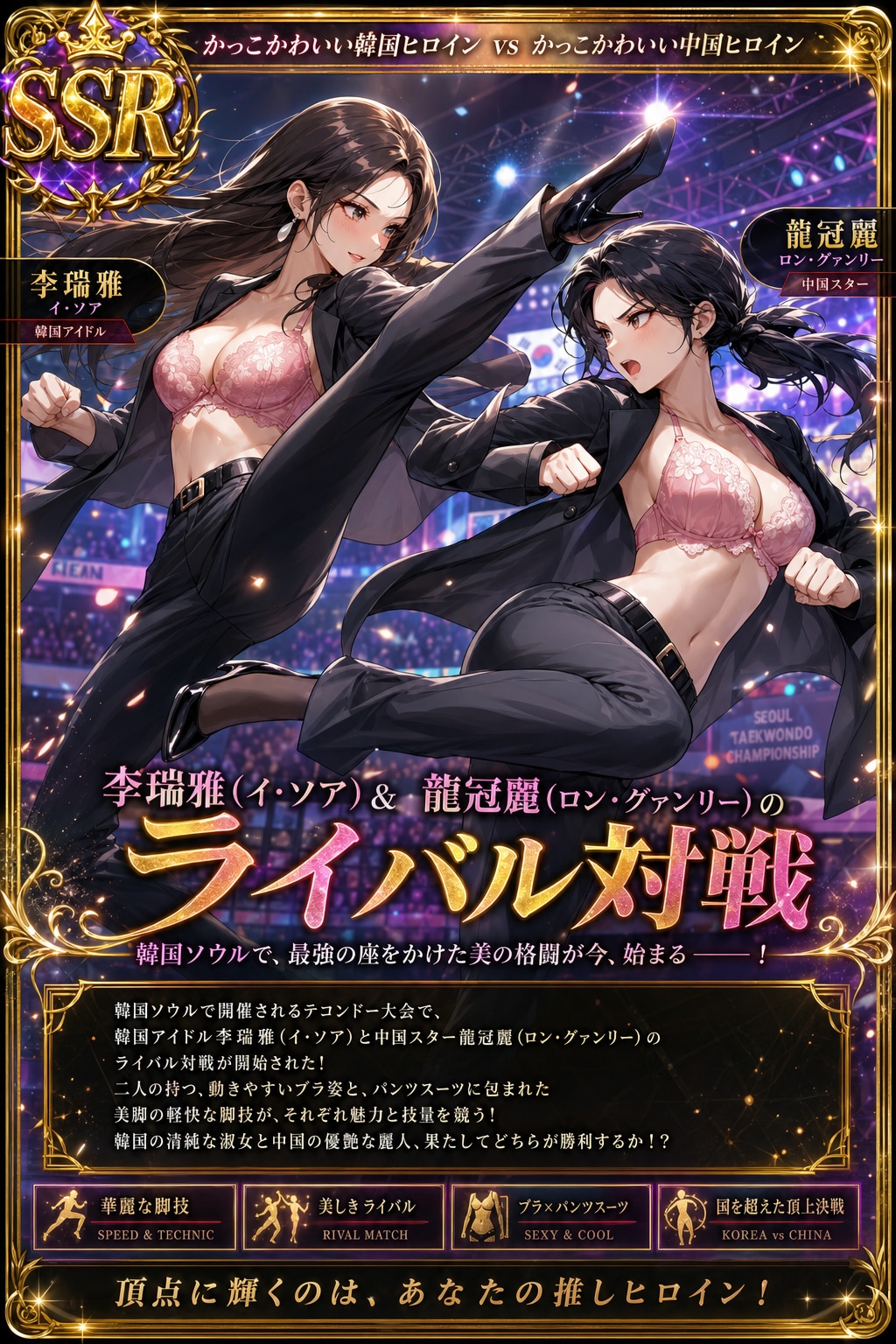 SSRカード　かっこかわいい韓国ヒロイン vs かっこかわいい中国ヒロイン　李瑞雅（イ・ソア）＆龍冠麗（ロン・グァンリー）のライバル対戦
