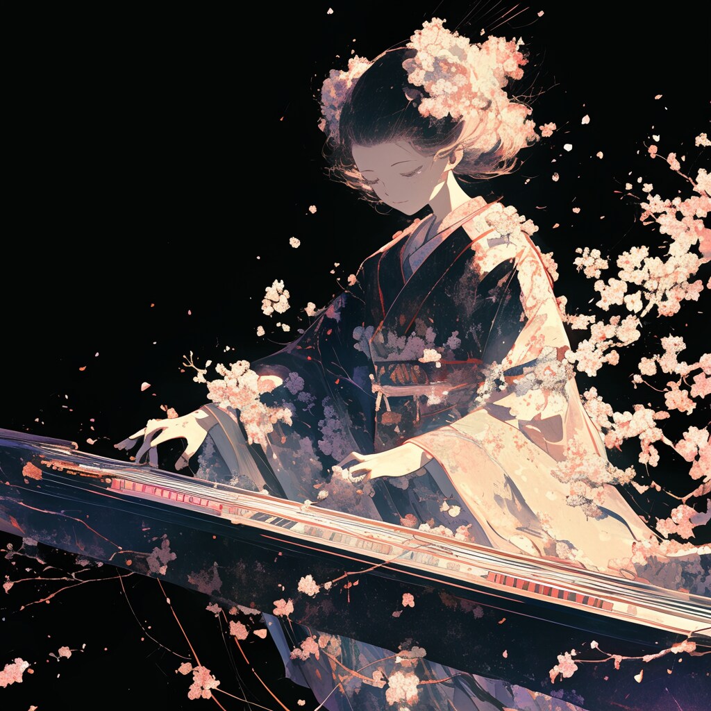 桜の下、琴を奏でる。