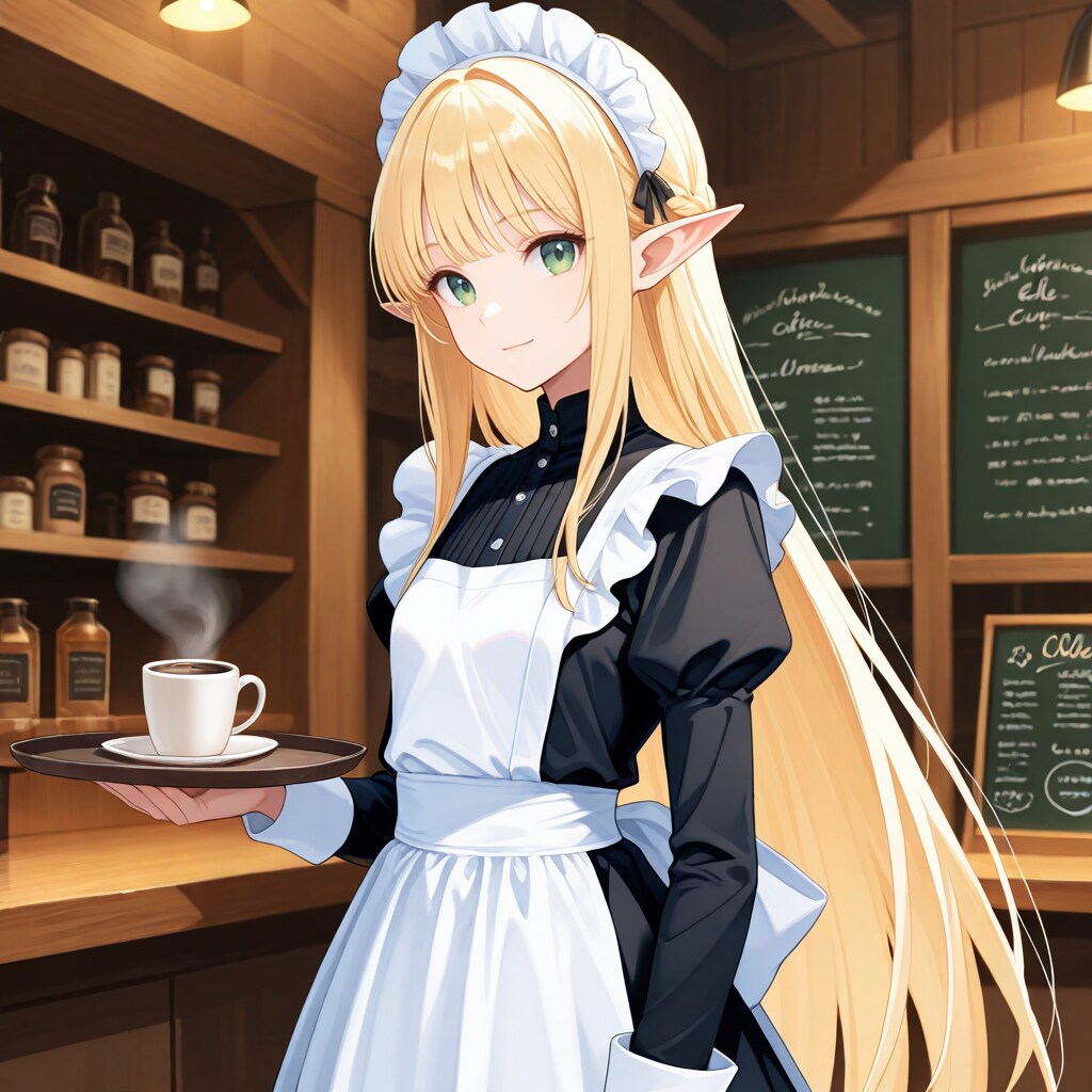 珈琲を運ぶメイド服姿のエルフ魔女