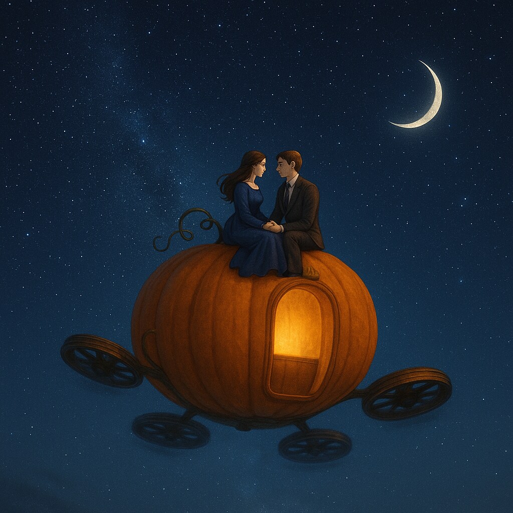 星空でかぼちゃの馬車で見つめ合う男女二人