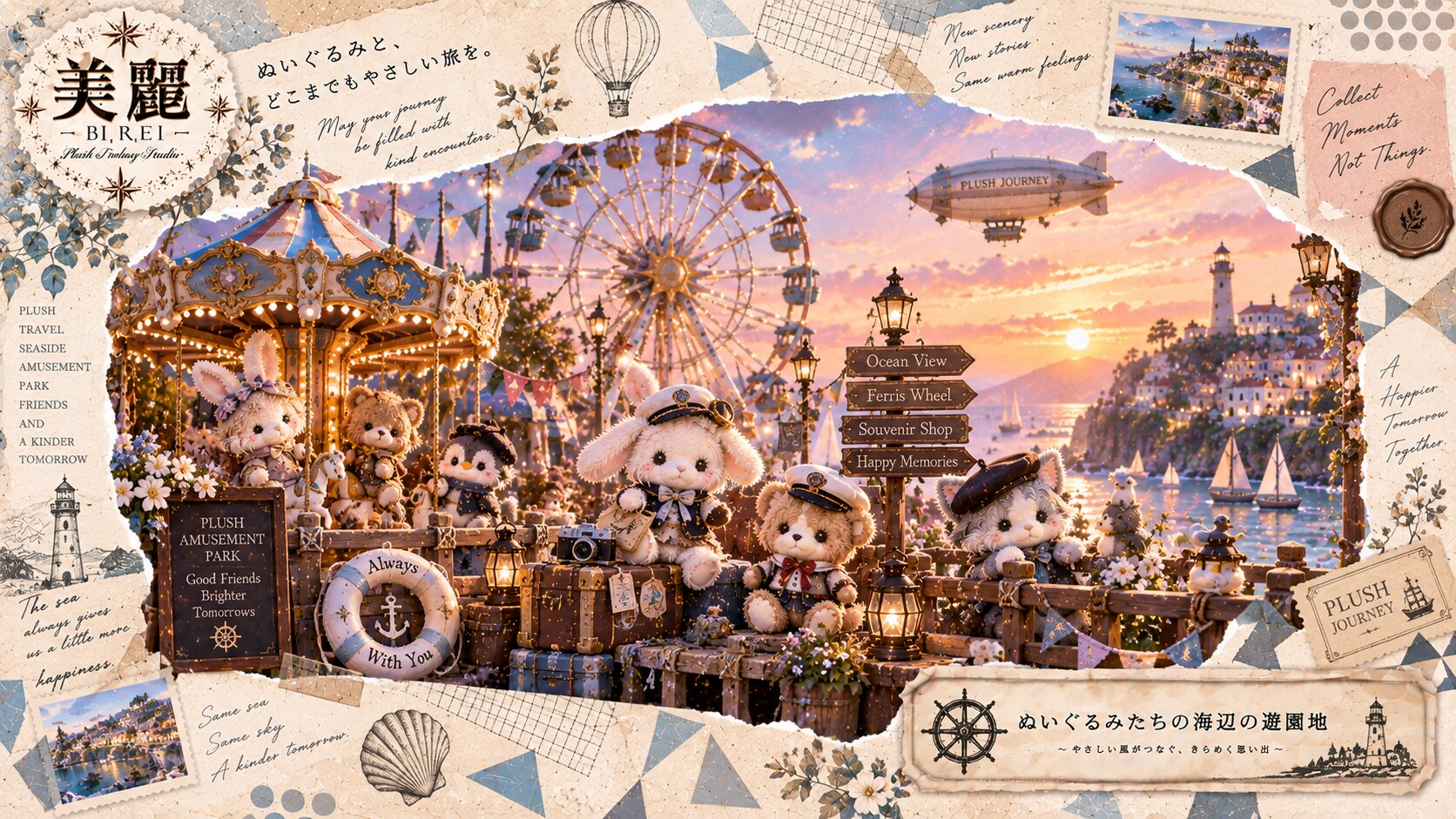 Plush Journey — Seaside Amusement Park  A sunset by the sea. A carousel turning slowly. A ferris whe | の人気AIイラスト・グラビア