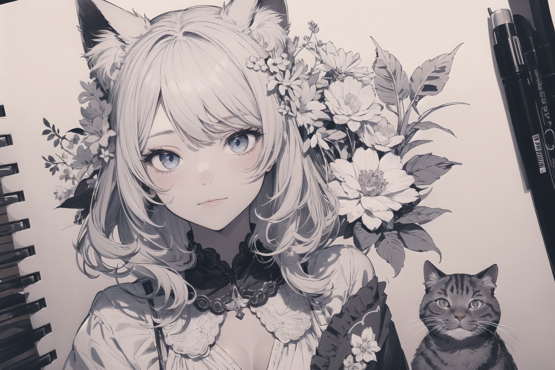 猫と猫耳少女(illustration) : 2023.08.01