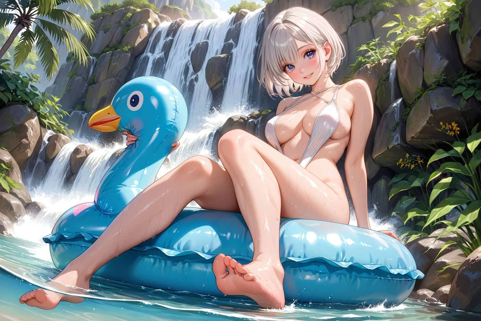滝で水遊び