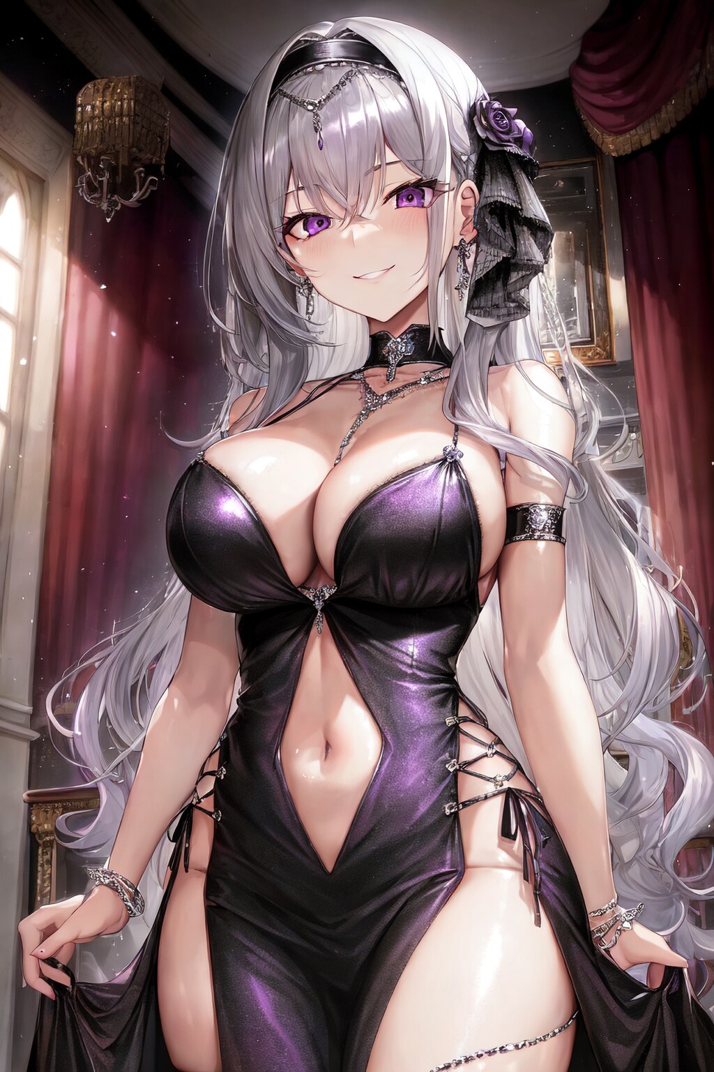 銀髪ロングドS悪役令嬢ちゃんへそ出しエロドレス HolaraAI