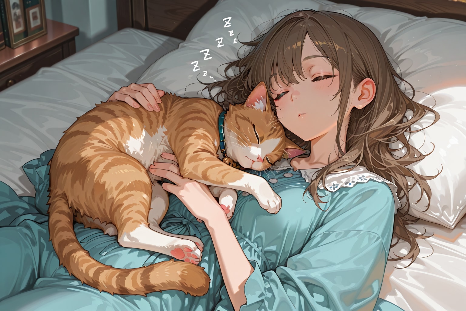 ネコを抱えて眠る