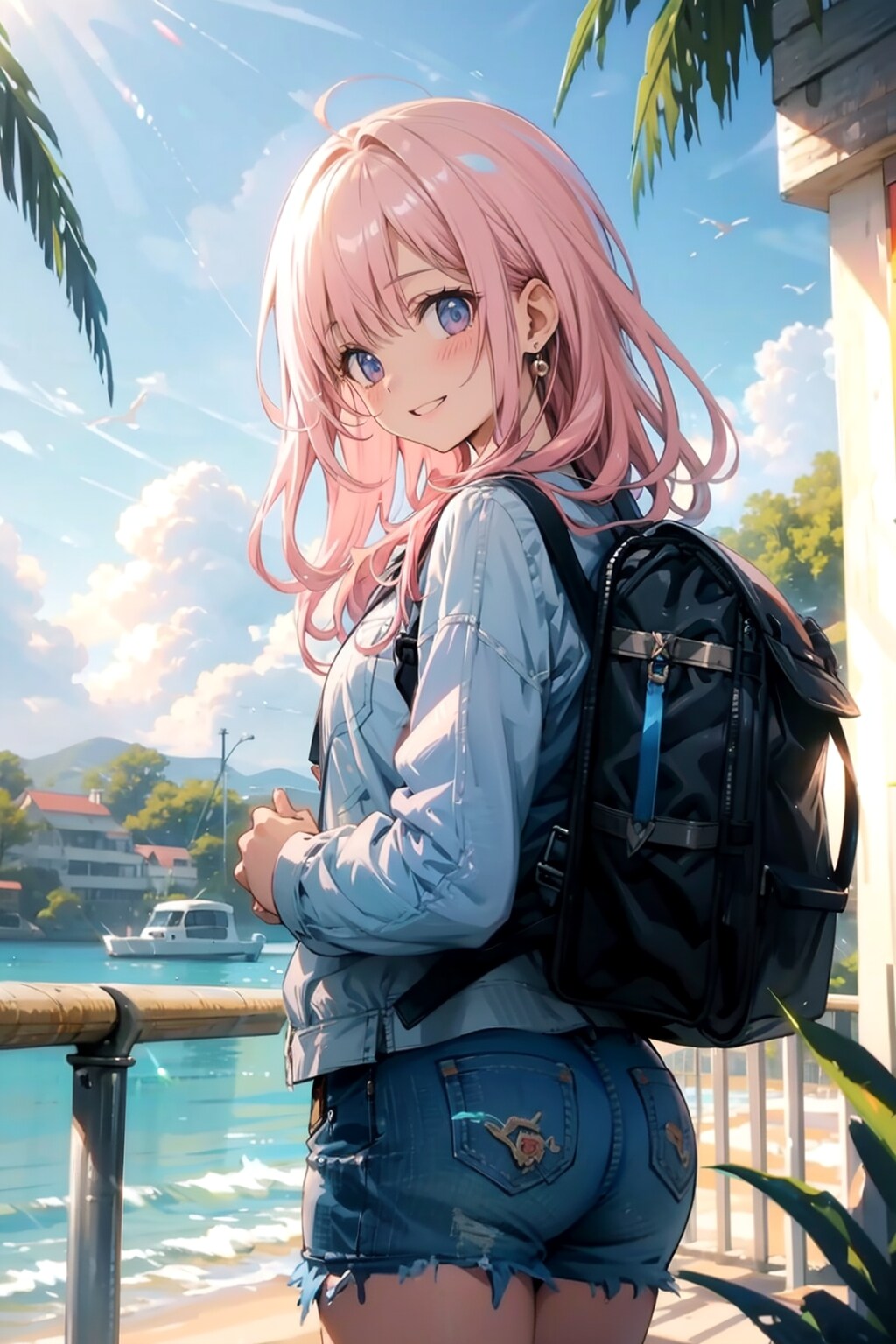 浜辺脇から海を望む桃髪ロングの女の子