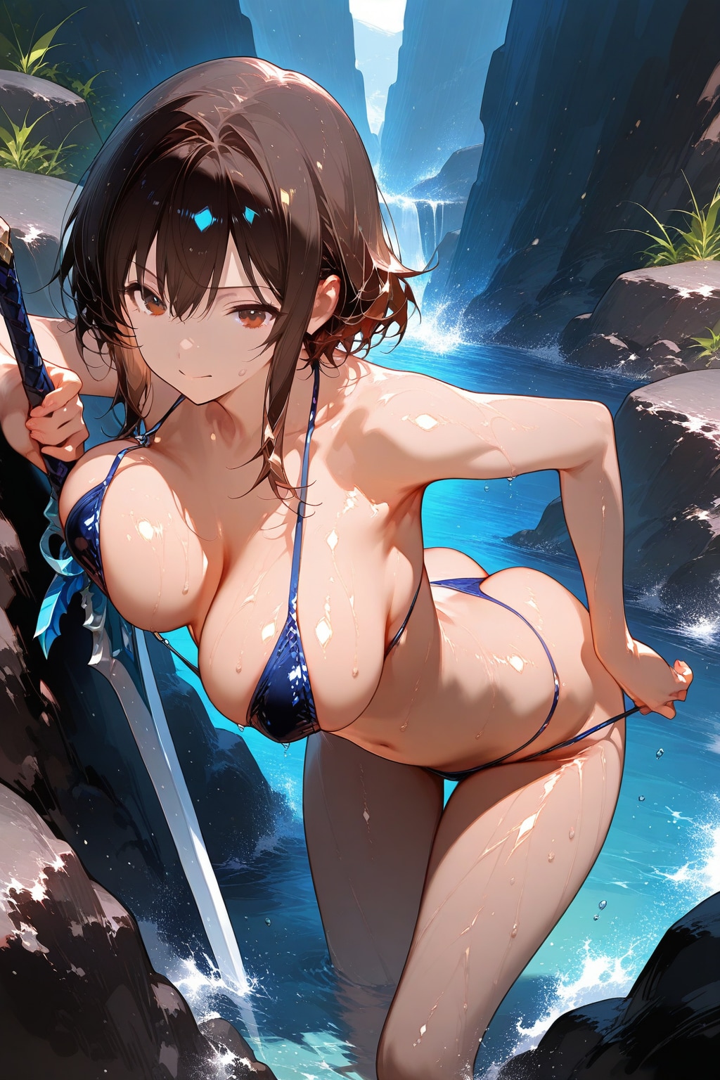 水浴び女戦士さんのマイクロビキニ