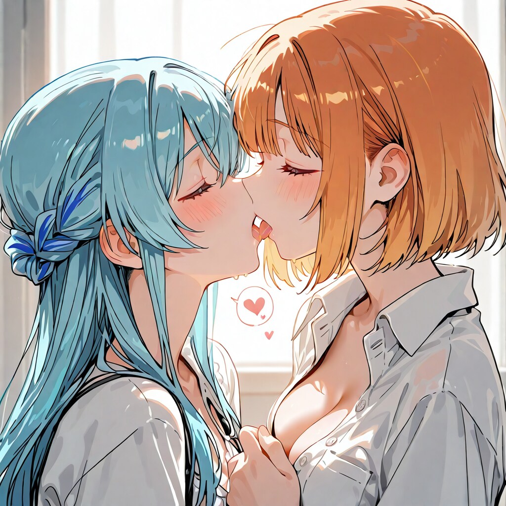 水色髪とオレンジ髪のキャラのガールズラブキス