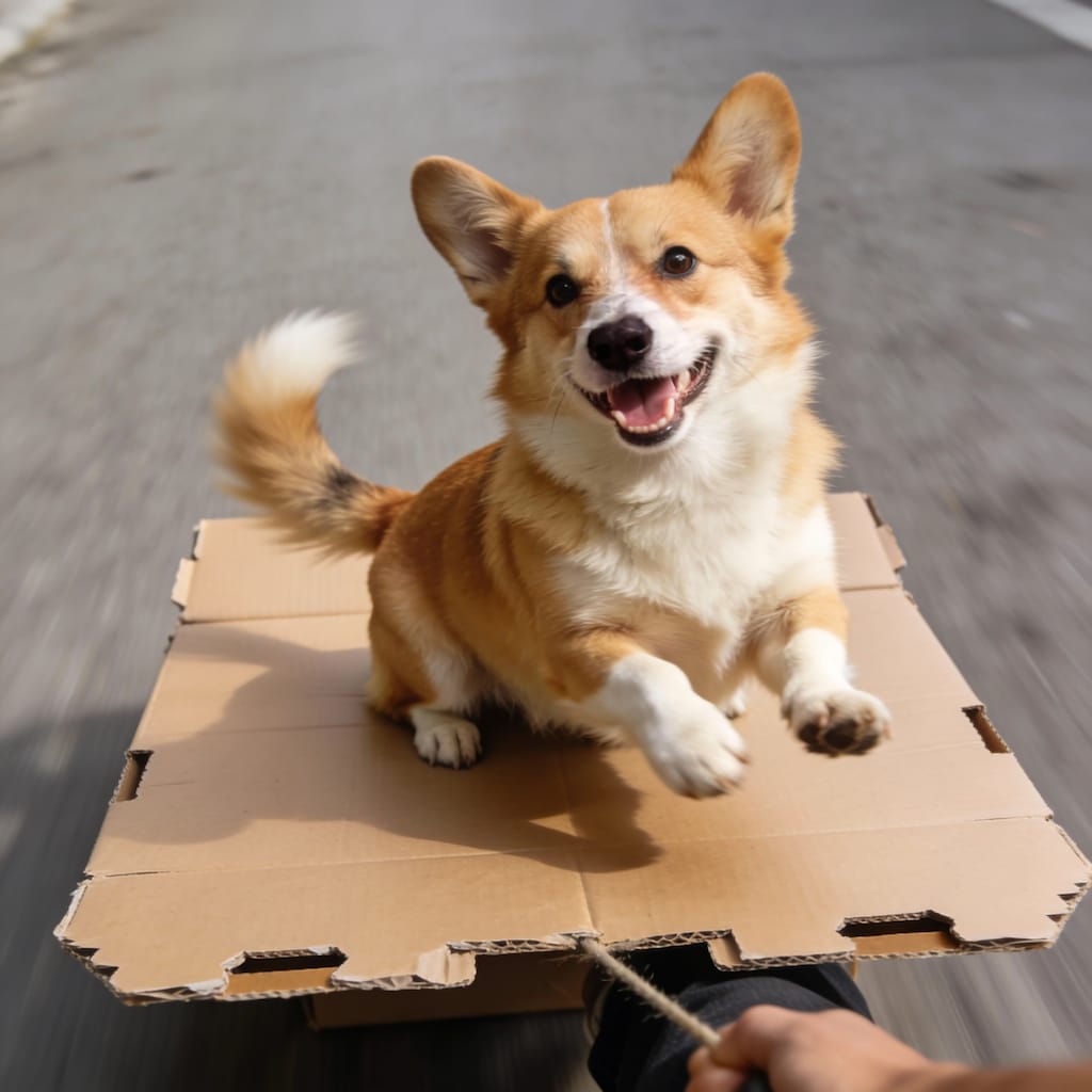 Corgi Bursting from the Cardboard Tunnel