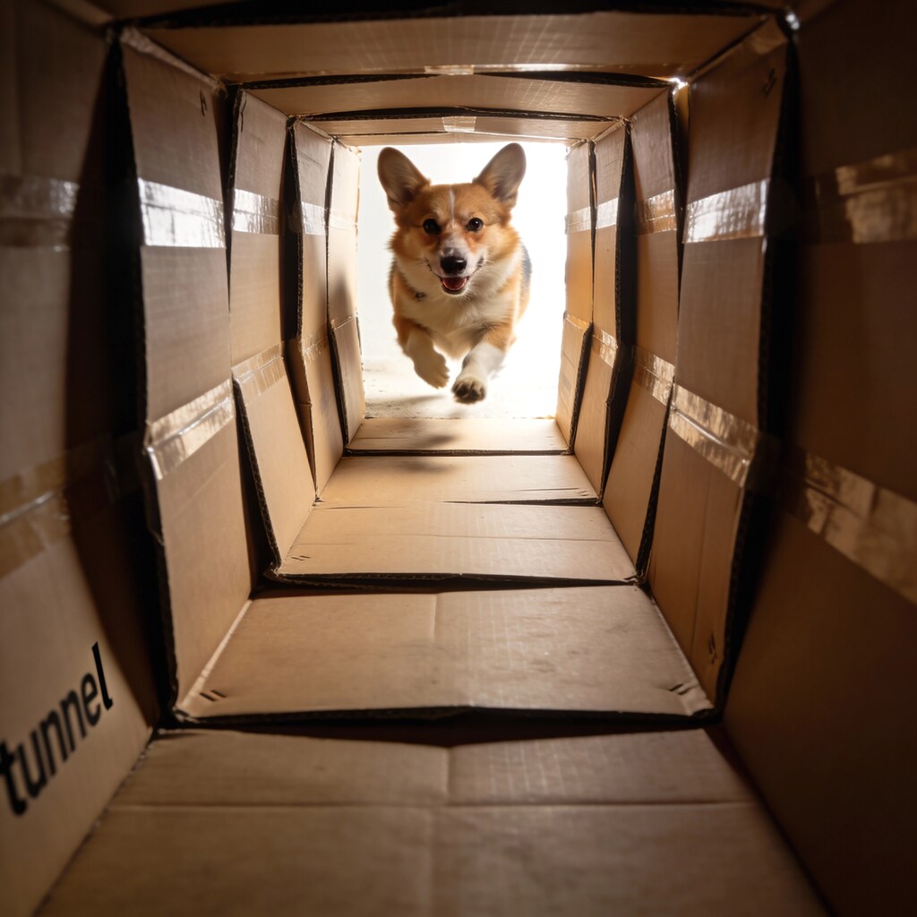 Corgi Bursting from the Cardboard Tunnel