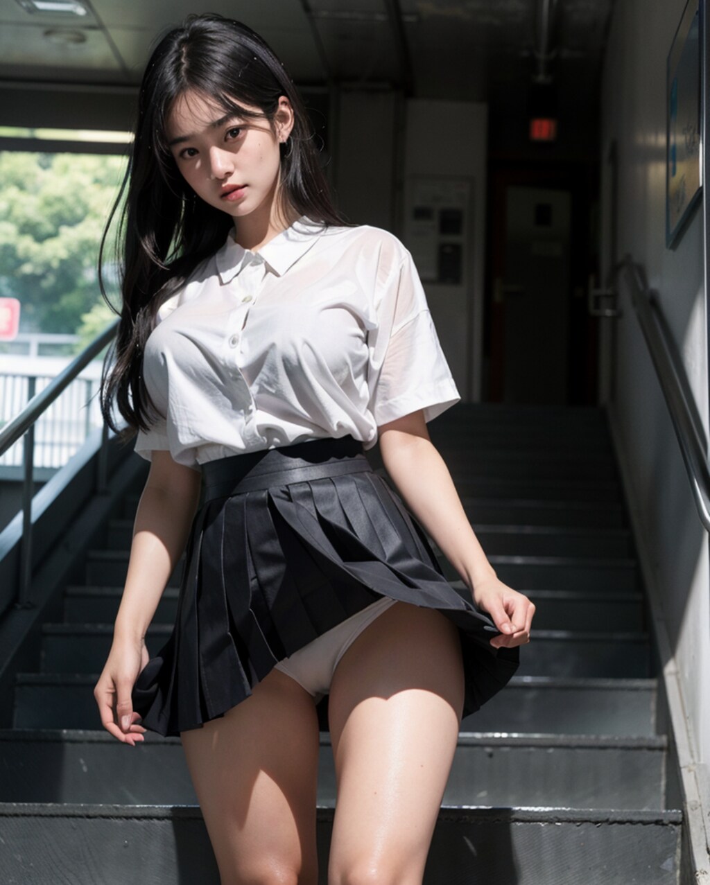 階段パンチラ　プリーツ