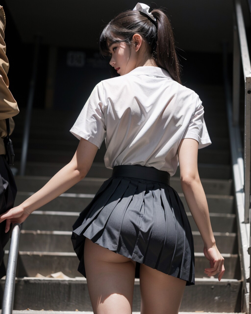階段パンチラ　プリーツ