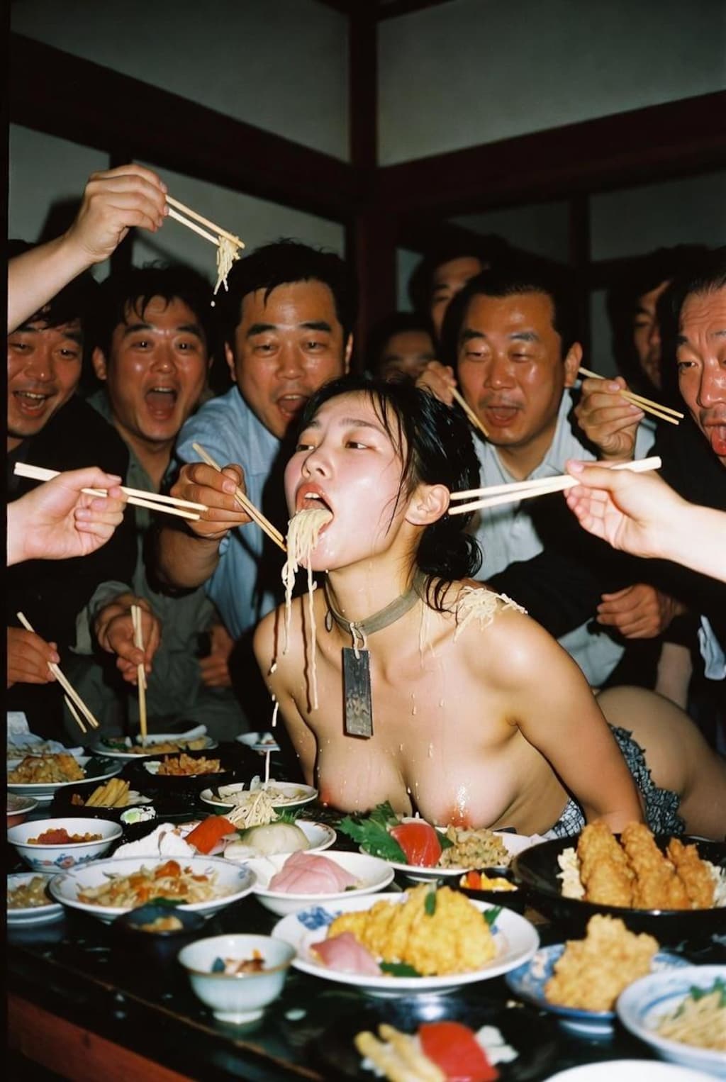 女体盛りに無理やり食べさせる