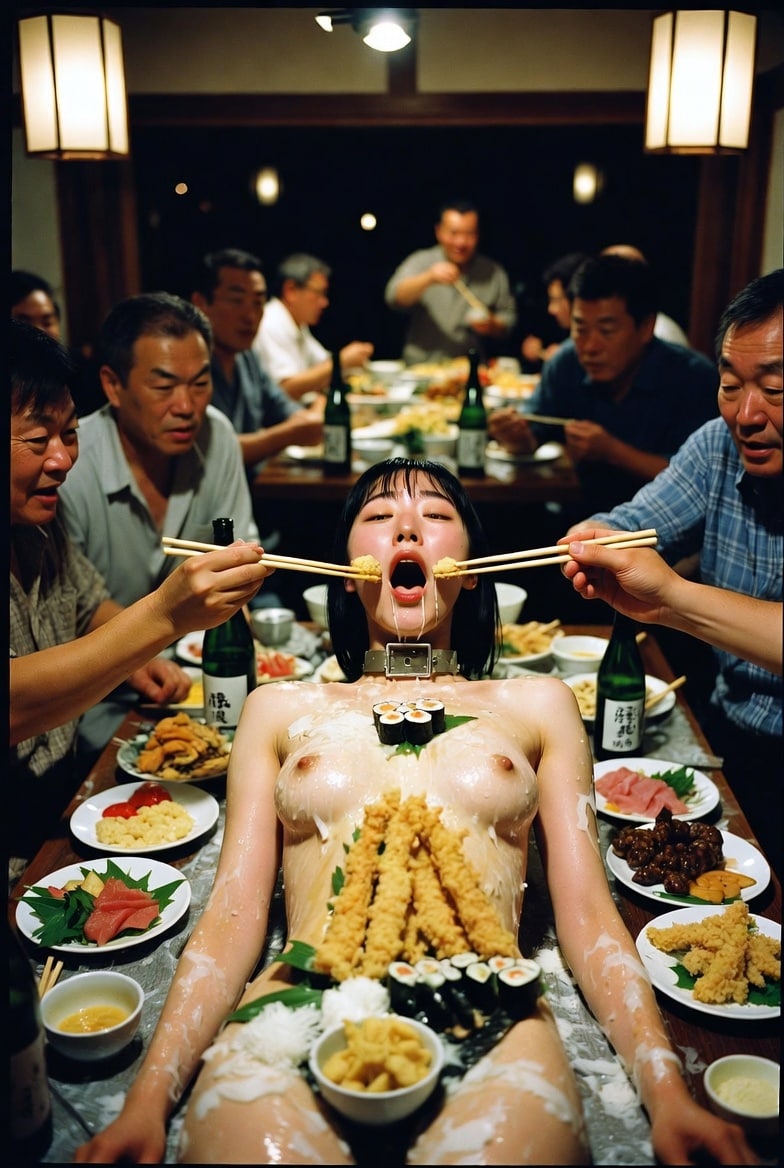 女体盛りに無理やり食べさせる