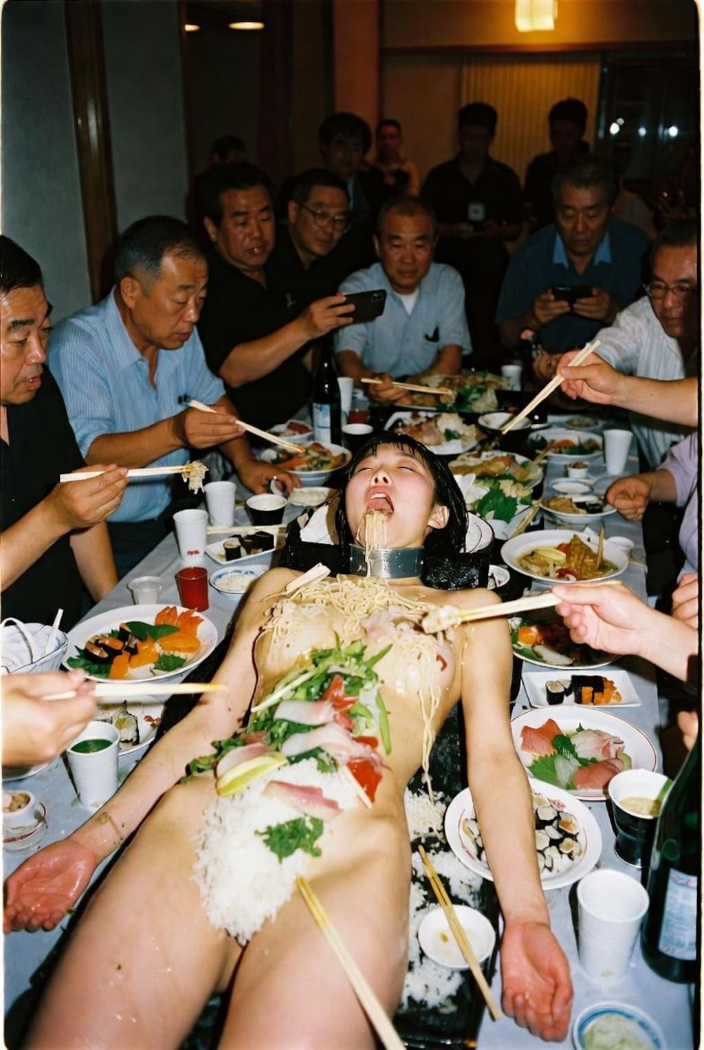 女体盛りに無理やり食べさせる