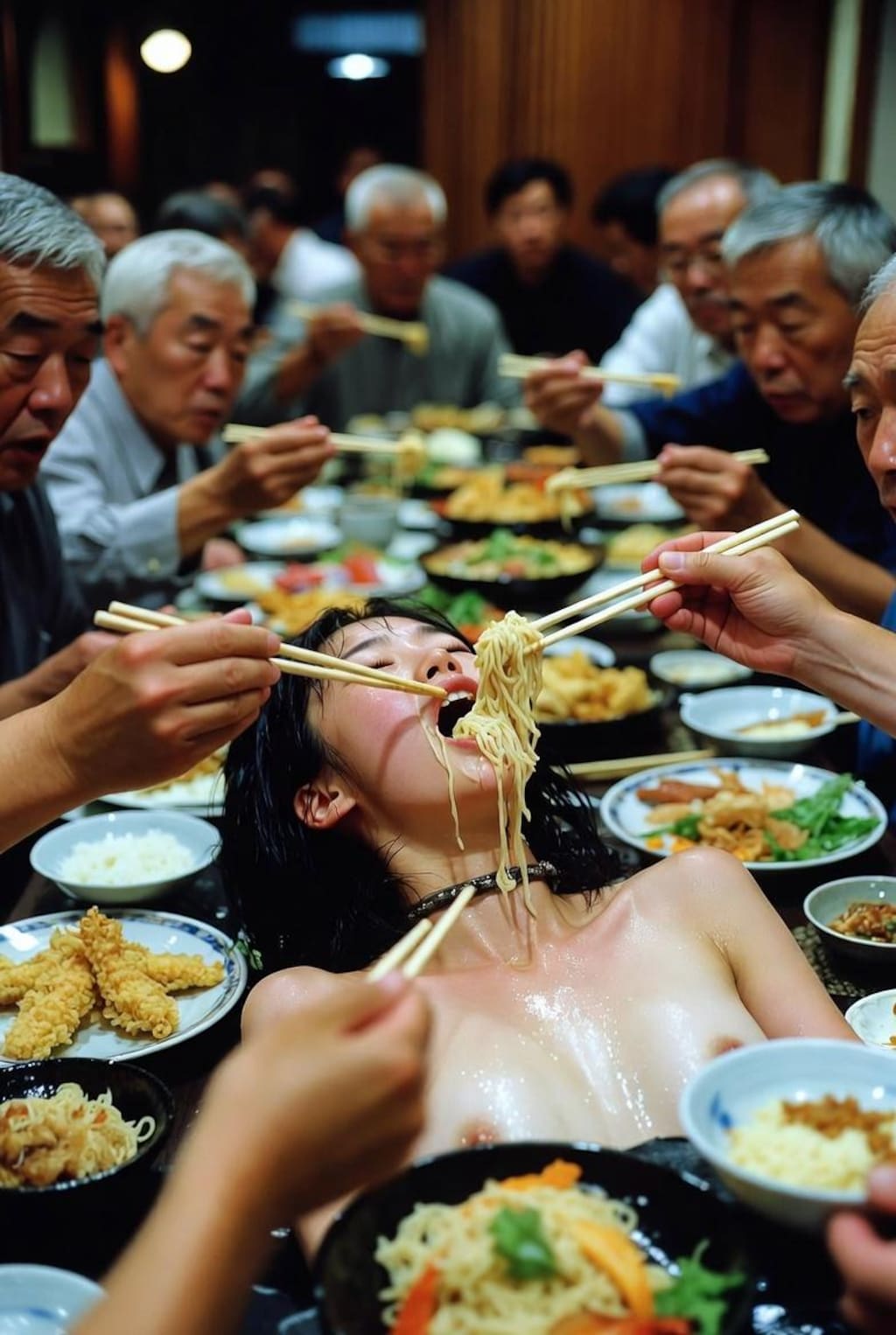 女体盛りに無理やり食べさせる