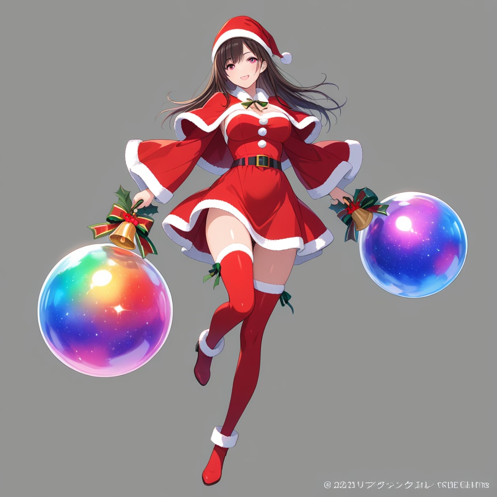 カラフルな風船を持つサンタ衣装着た美女