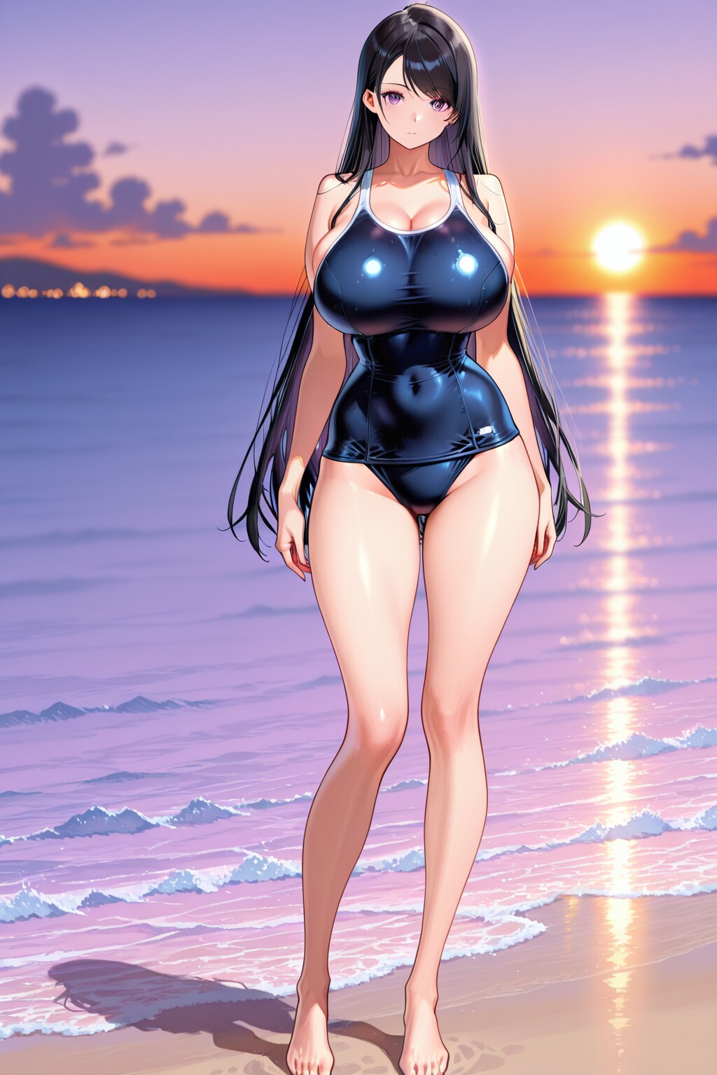 黒髪ロングの女性　スク水編