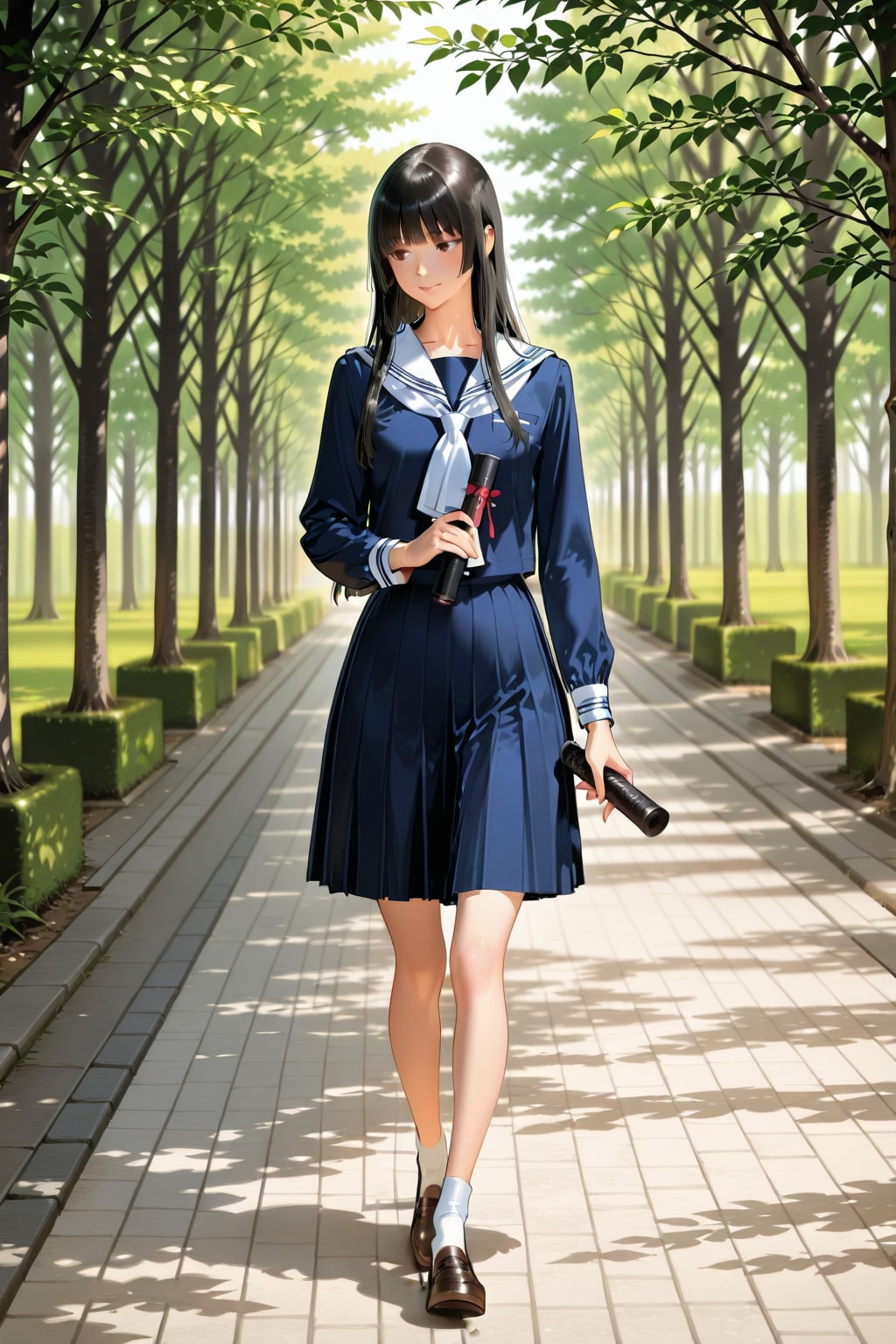 卒業証書を持って歩く少女