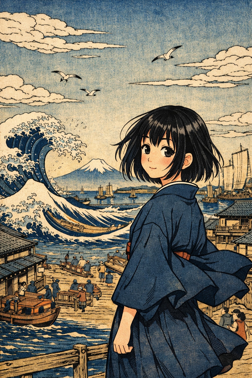 葛飾北斎風港と女の子 | の人気AIイラスト・グラビア