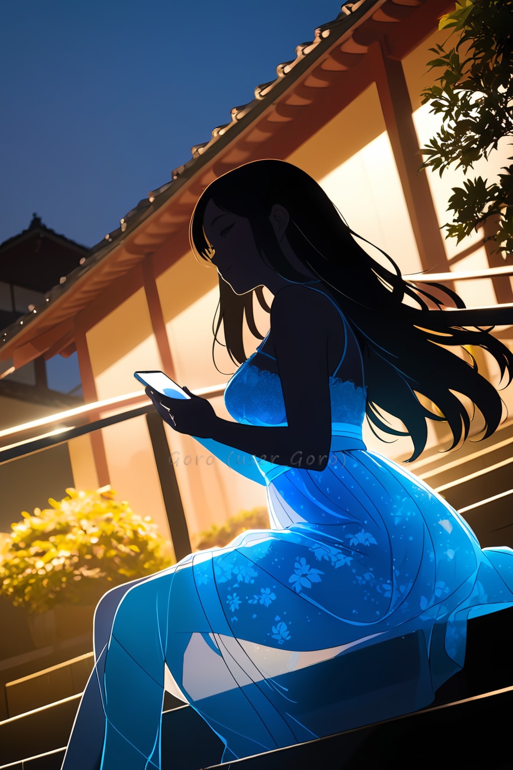 スマホを見るシルエットの娘