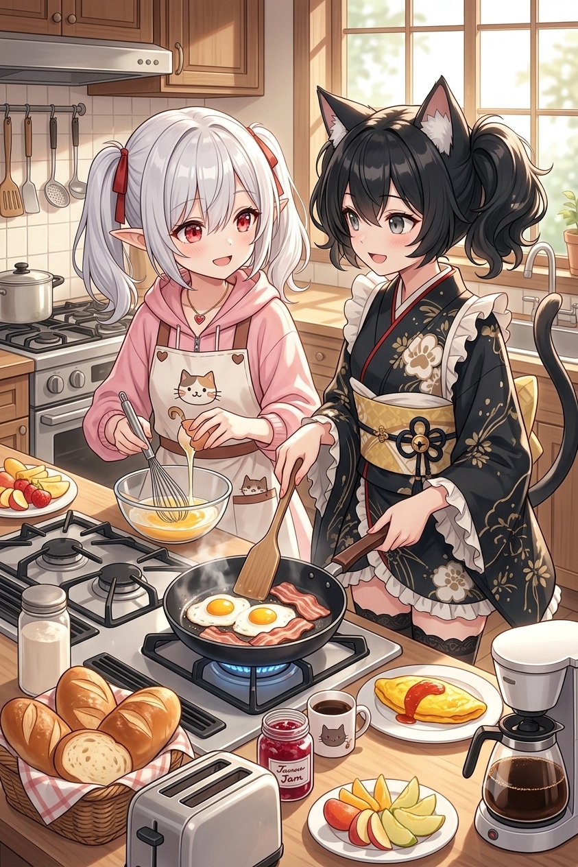 朝ご飯を作るシロネさんと咲夜さん