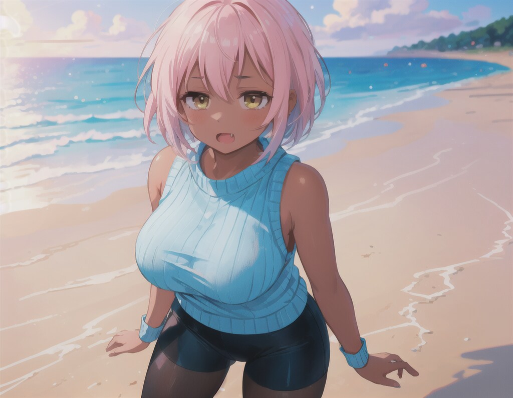 褐色ピンク髪ジト目八重歯