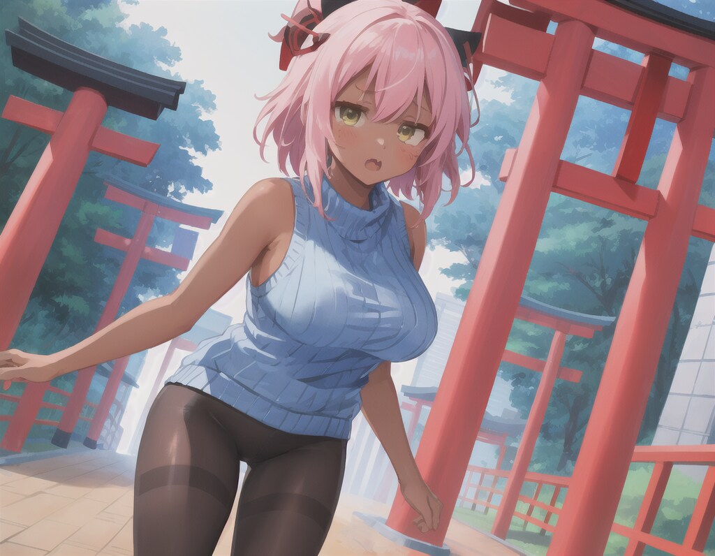 褐色ピンク髪ジト目八重歯