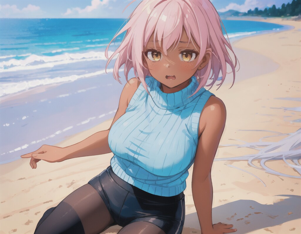 褐色ピンク髪ジト目八重歯