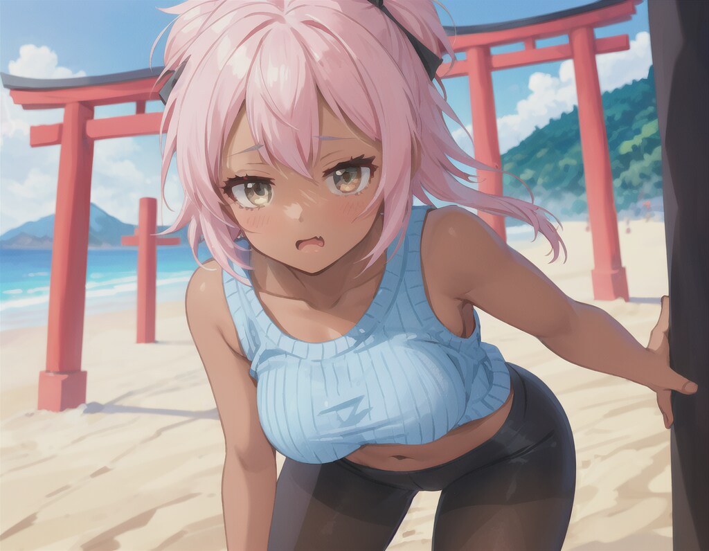 褐色ピンク髪ジト目八重歯