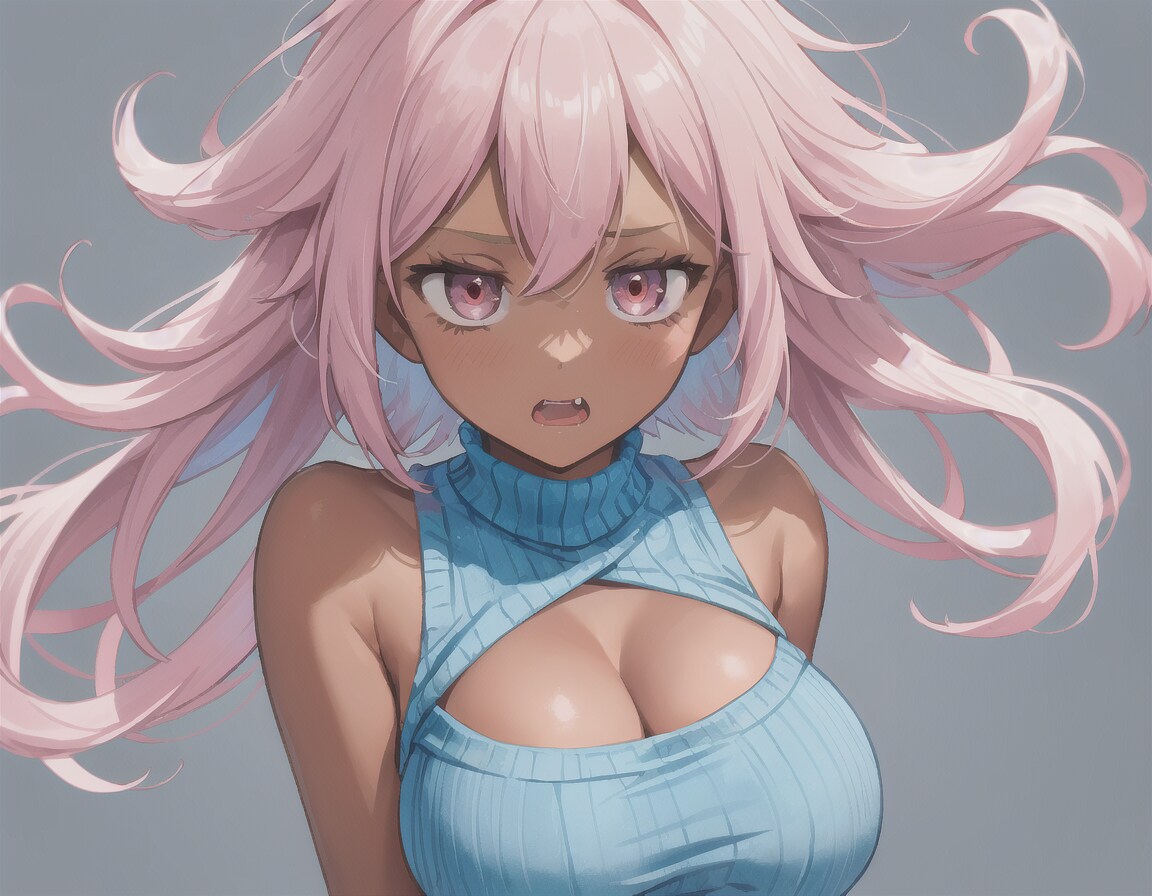 褐色ピンク髪ジト目八重歯