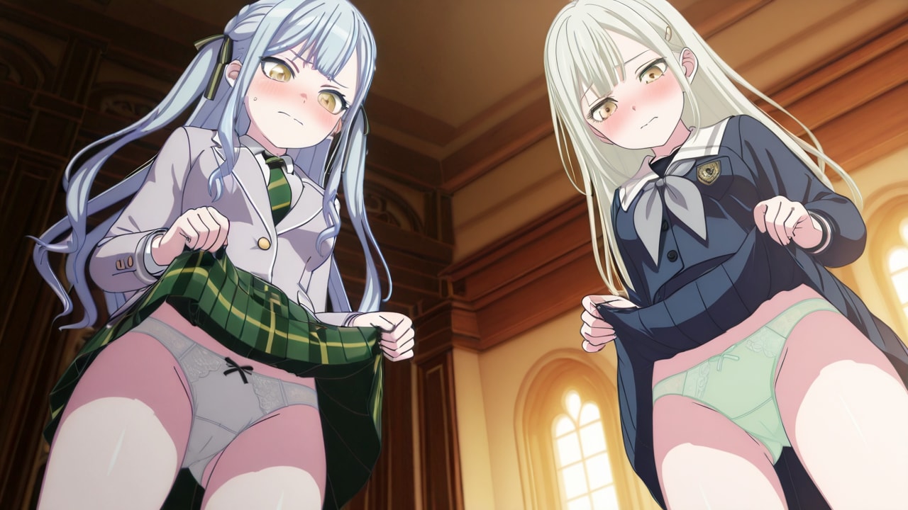 若葉睦と豊川祥子が見下ろしながらスカートをたくし上げ、異なる色のパンツを露出する。